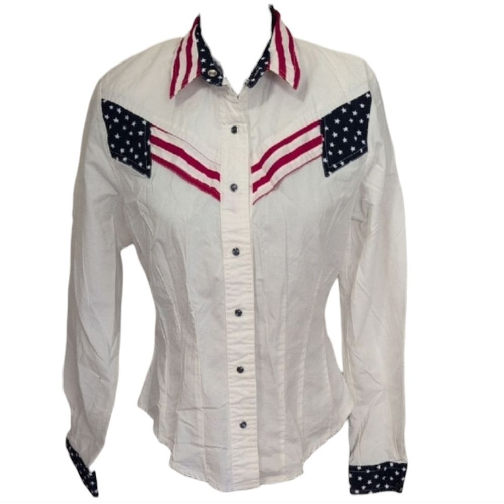 Rockies USA Flag Snap Button Down Shirt Long Sleeve White Cotton Size 9/10